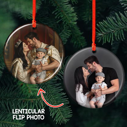 Custom Royal Family Photo Lenticular Ornament showcasing a family portrait that changes perspective.