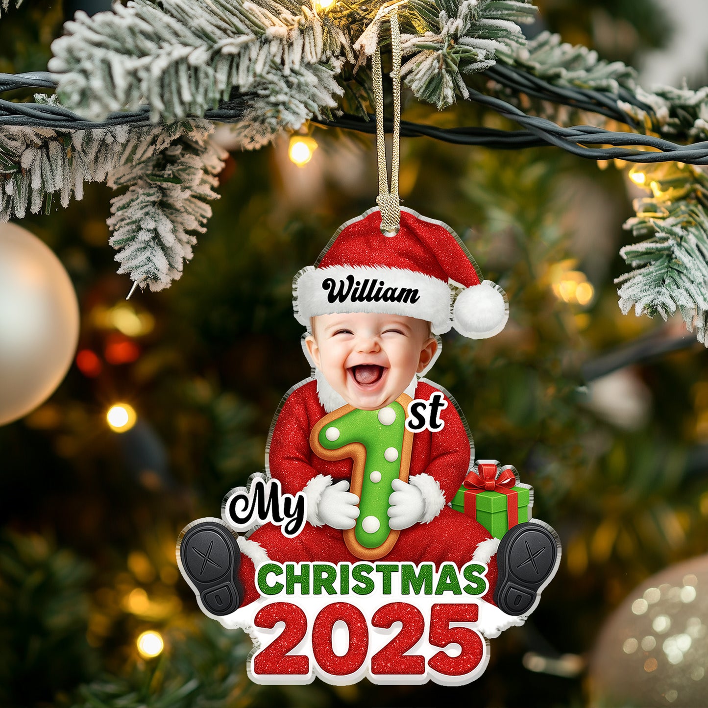 Personalized "Santa Baby" First Christmas acrylic ornament.