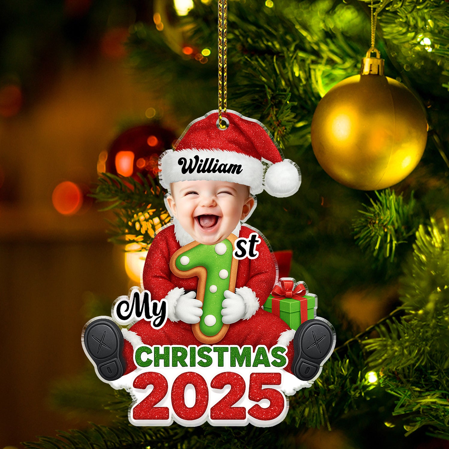 Personalized "Santa Baby" First Christmas acrylic ornament.