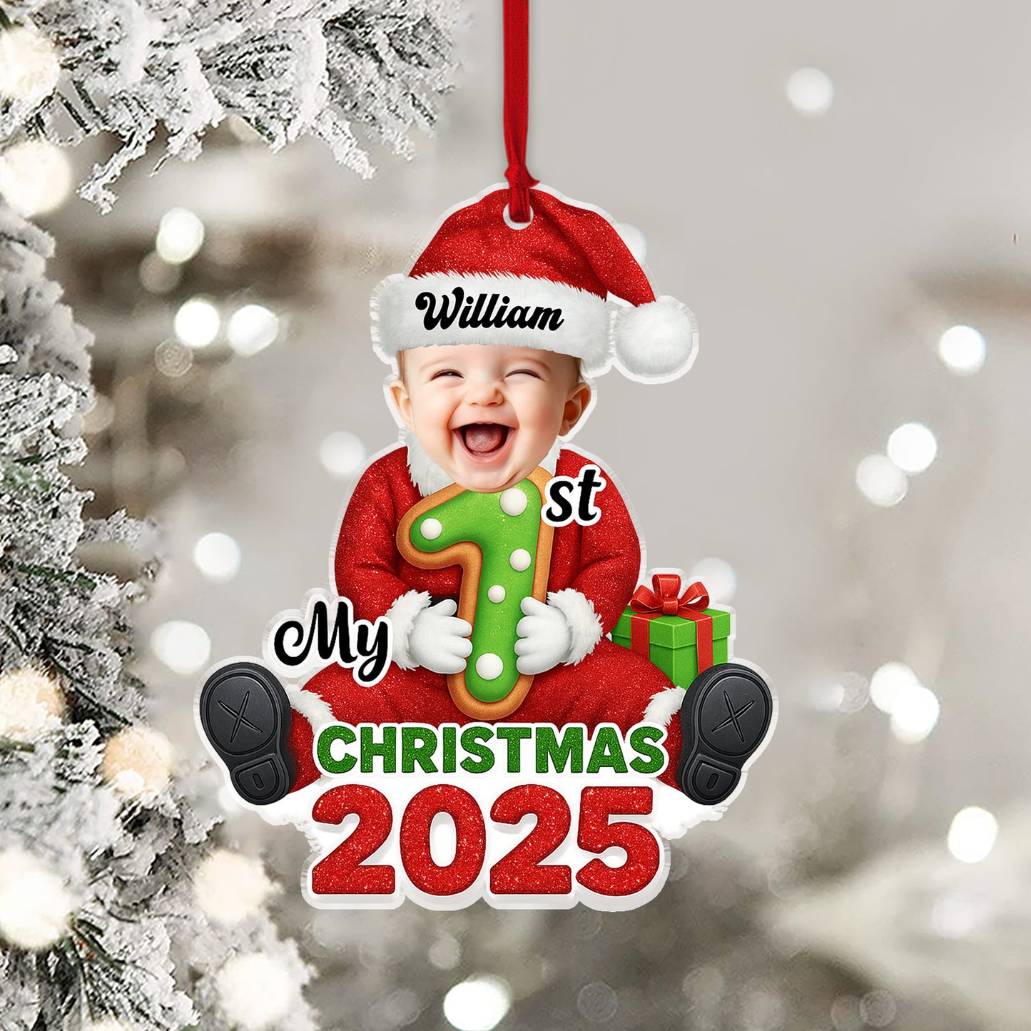 Personalized "Santa Baby" First Christmas acrylic ornament.