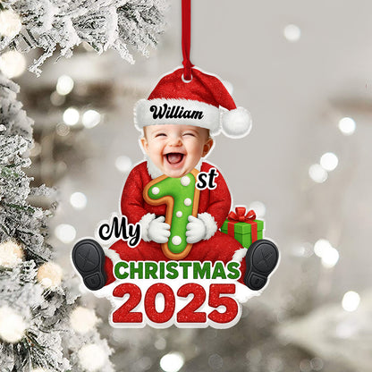 Personalized "Santa Baby" First Christmas acrylic ornament.