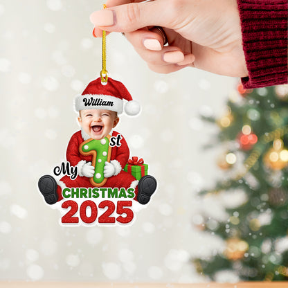 Personalized "Santa Baby" First Christmas acrylic ornament.