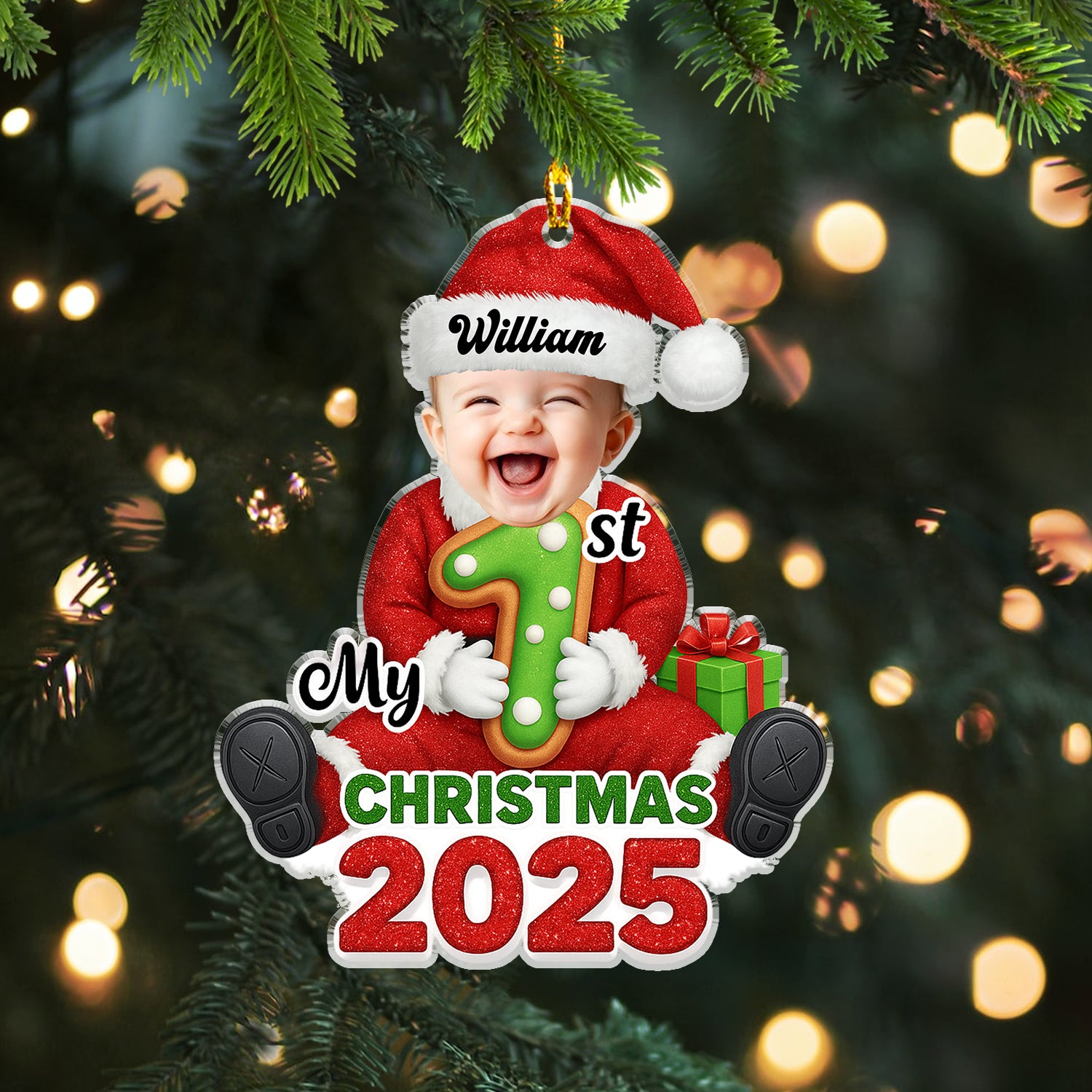 Personalized "Santa Baby" First Christmas acrylic ornament.