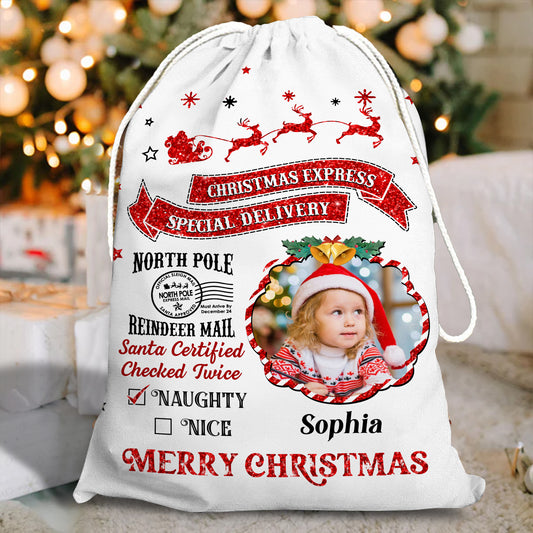 Santa Checked Twice Christmas Bag - Personalized Christmas Sack for Family Gifts.