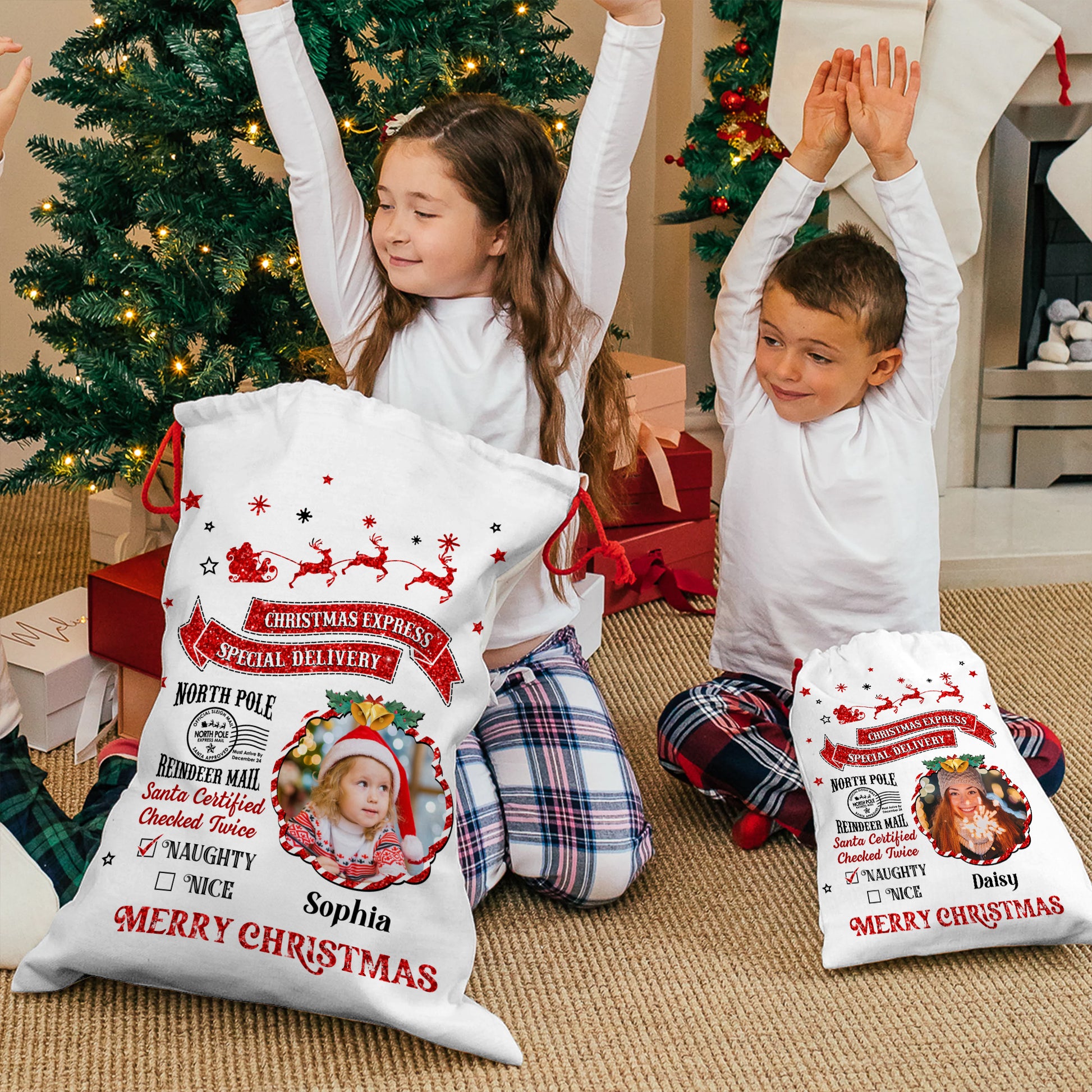 Santa Checked Twice Christmas Bag - Personalized Christmas Sack for Family Gifts.