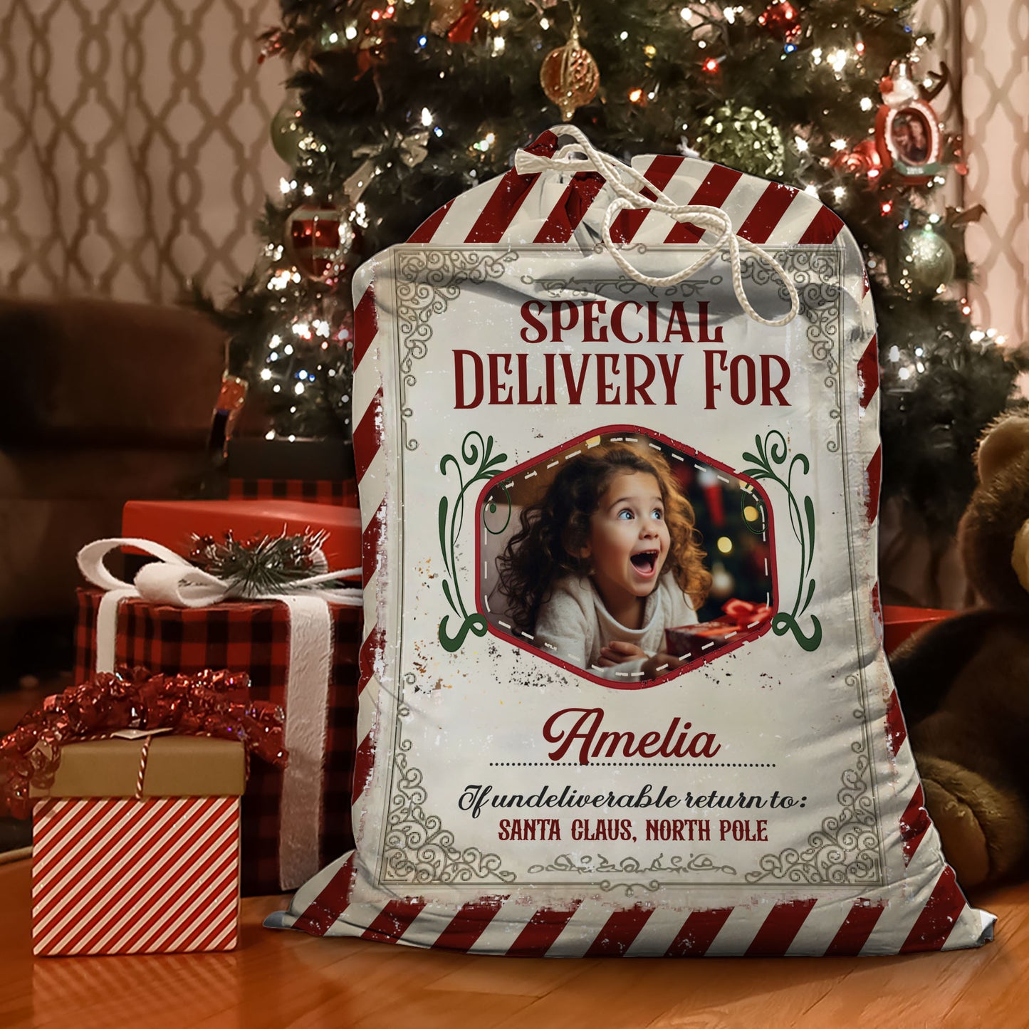 Santa Delivery for Nice Christmas sack, a personalized gift bag for family.