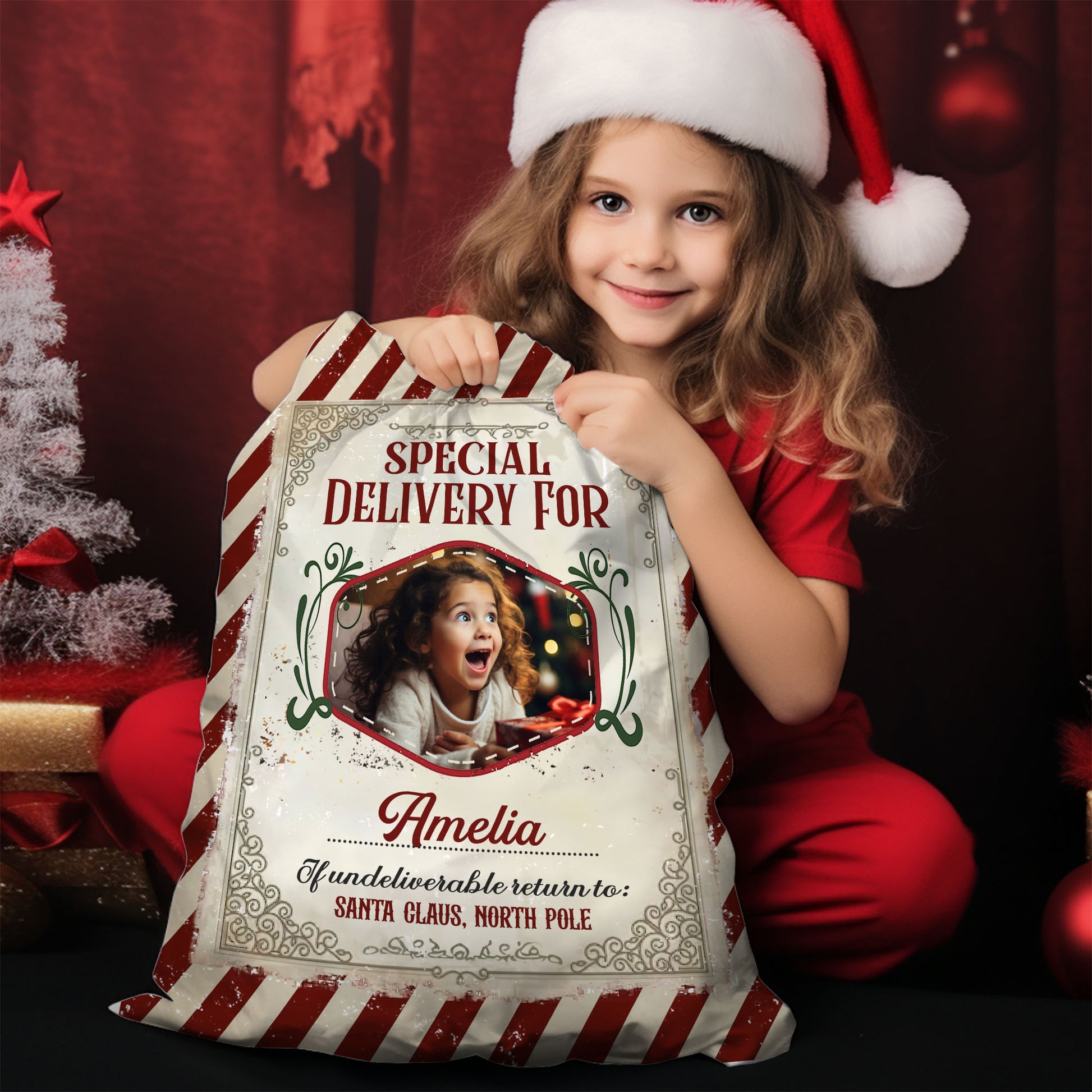 Santa Delivery for Nice Christmas sack, a personalized gift bag for family.