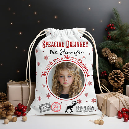 Personalized Santa Sack with "Delivery for [Family Name]" - a festive Christmas bag for gifts.