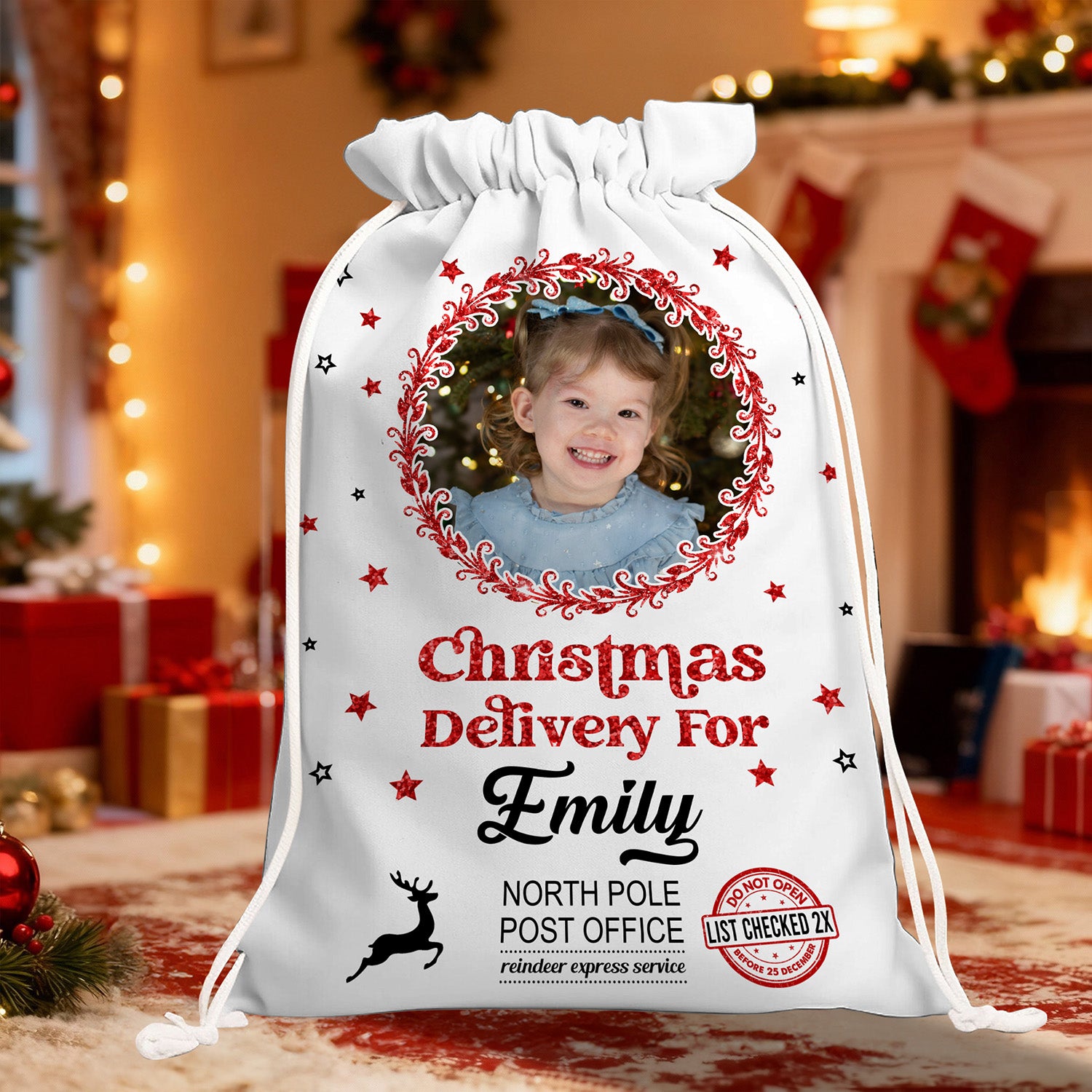 Personalized Santa Sack with glitter "Delivery" text, a festive Christmas gift bag for the family.