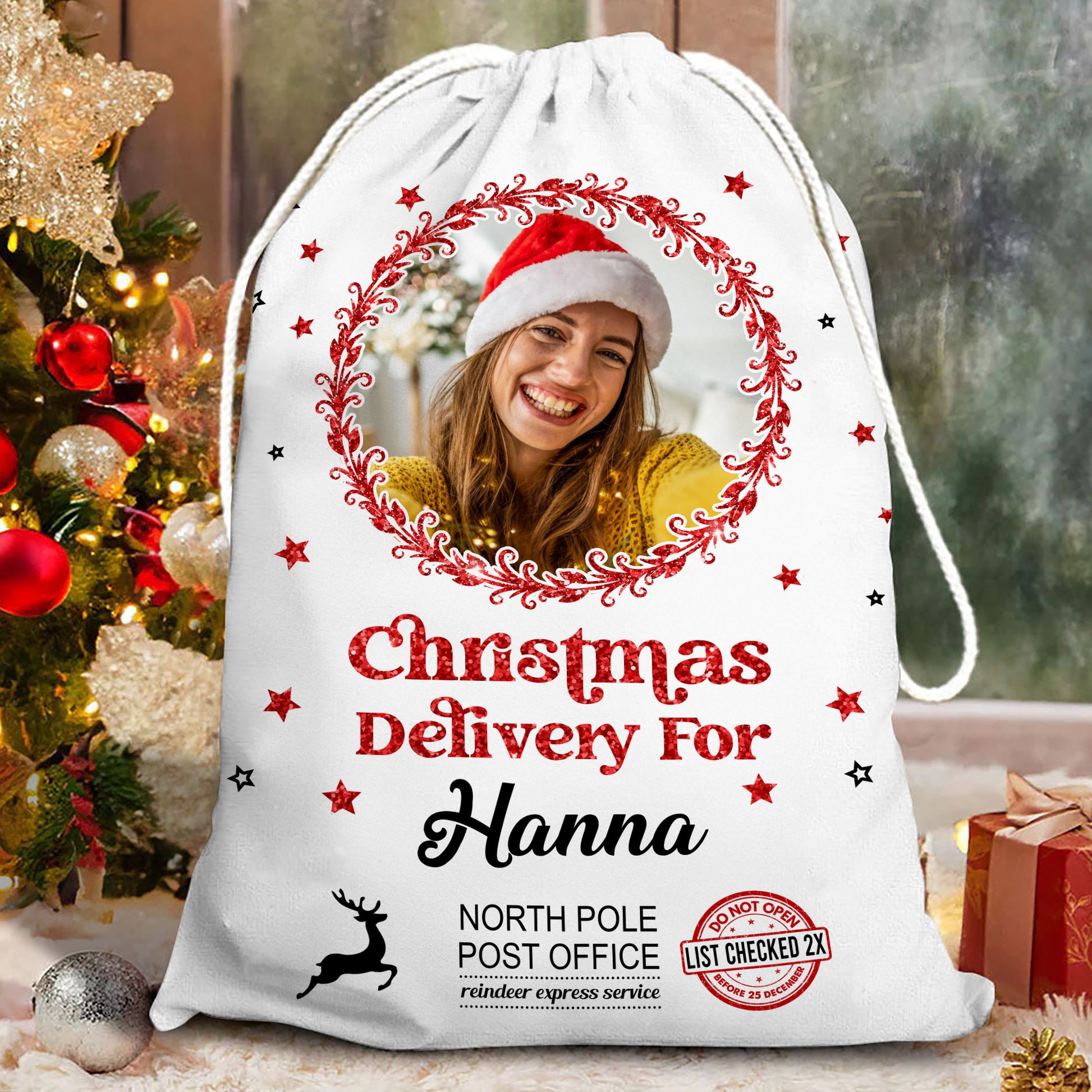 Personalized Santa Sack with glitter "Delivery" text, a festive Christmas gift bag for the family.