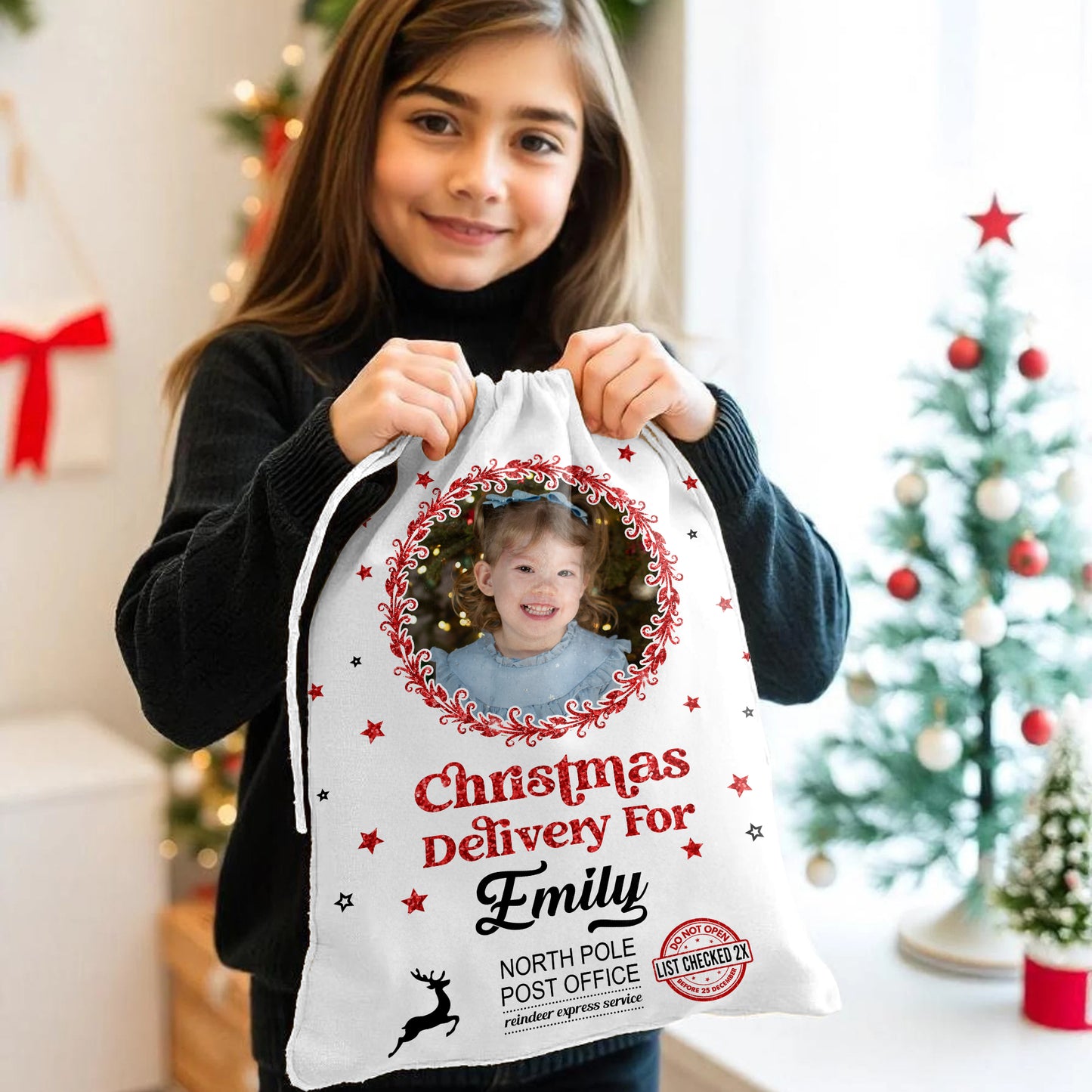 Personalized Santa Sack with glitter "Delivery" text, a festive Christmas gift bag for the family.
