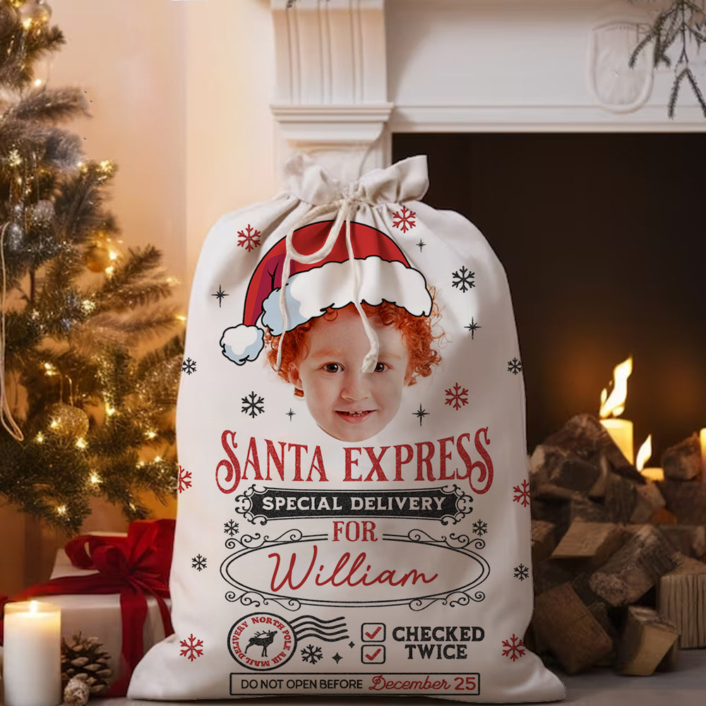 Personalized Santa Sack with "Express Delivery" design, a festive Christmas gift bag for family.