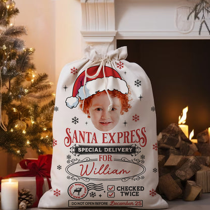 Personalized Santa Sack with "Express Delivery" design, a festive Christmas gift bag for family.