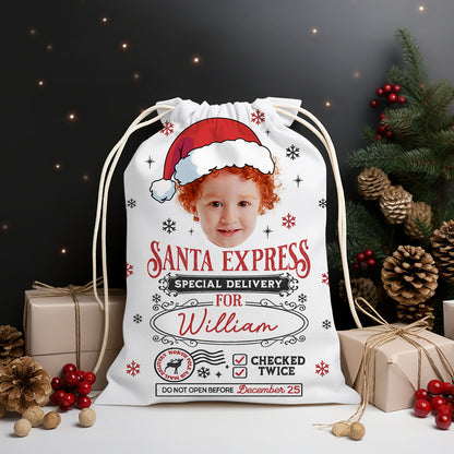 Personalized Santa Sack with "Express Delivery" design, a festive Christmas gift bag for family.