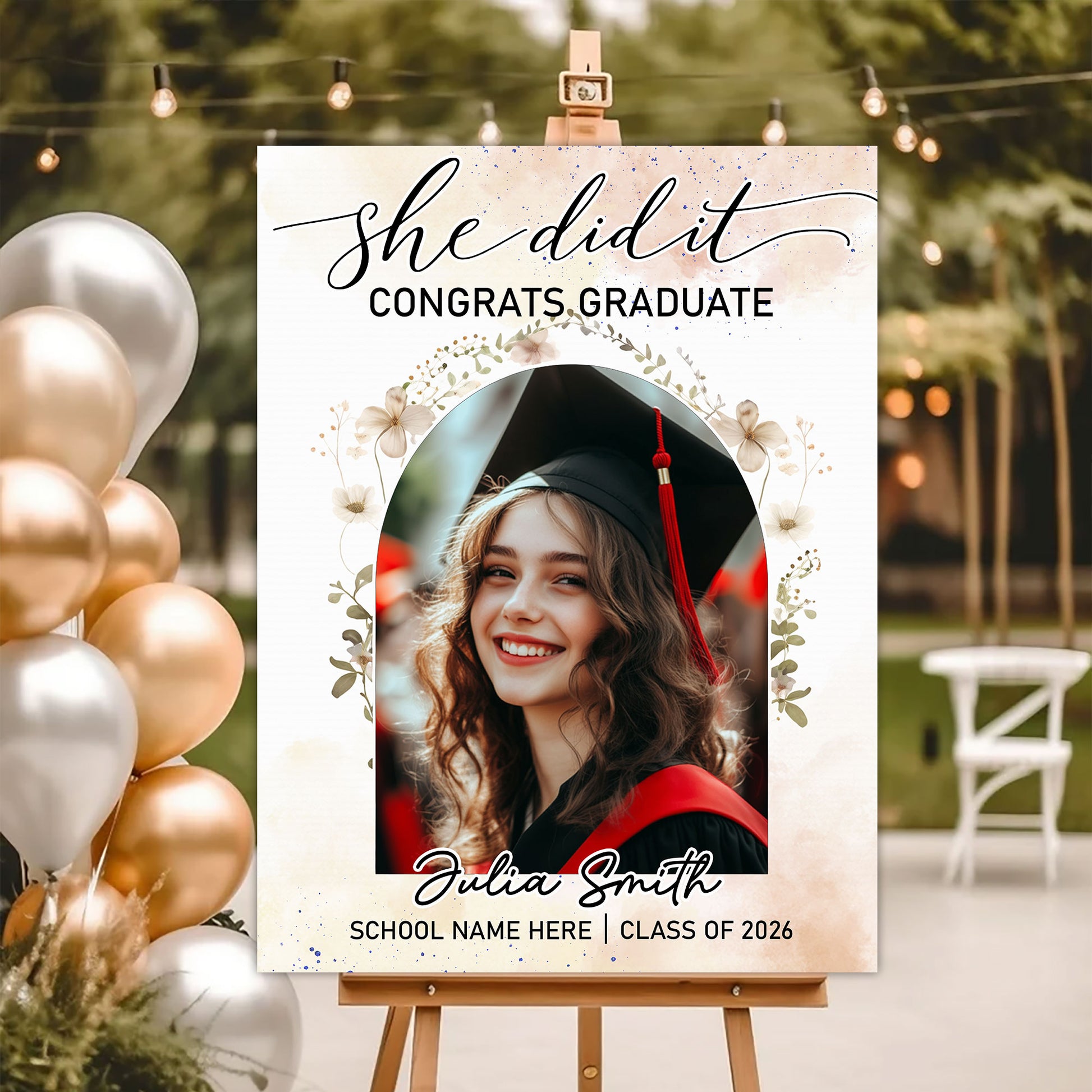 She Did It! Personalized graduation welcome sign with photo from Jillian Customs.