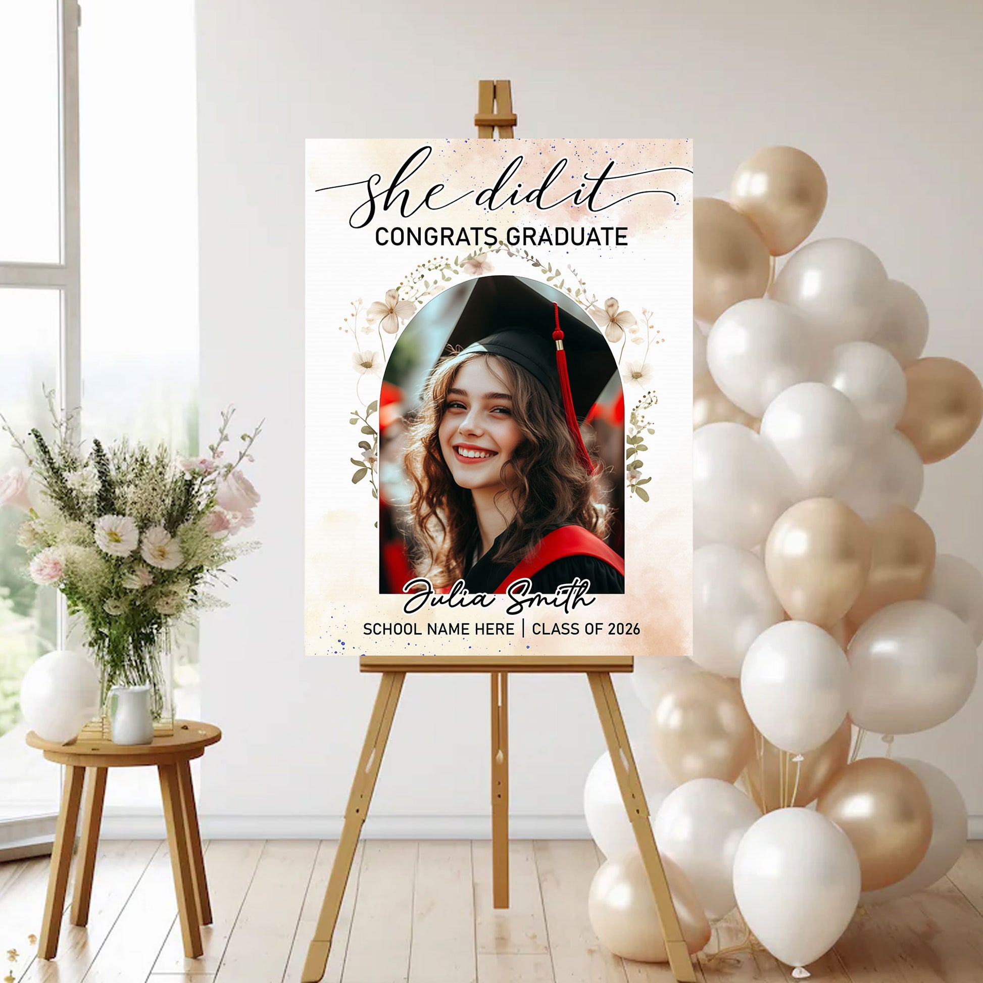 She Did It! Personalized graduation welcome sign with photo from Jillian Customs.