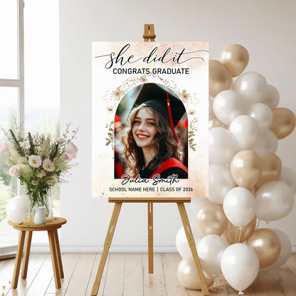 She Did It! Personalized graduation welcome sign with photo from Jillian Customs.