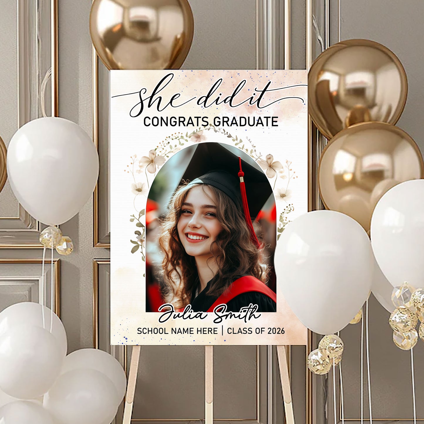 She Did It! Personalized graduation welcome sign with photo from Jillian Customs.