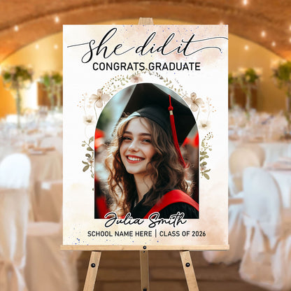 She Did It! Personalized graduation welcome sign with photo from Jillian Customs.