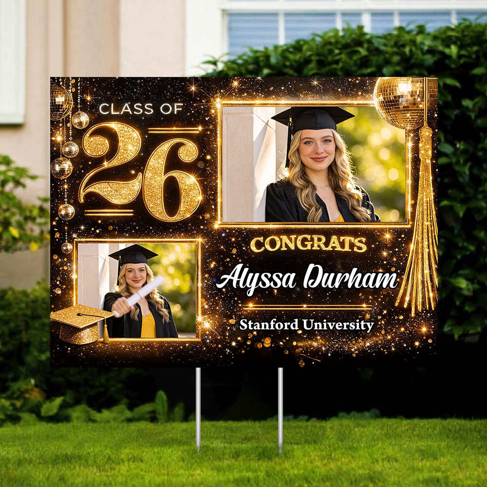 Personalized "Shine 2026" graduation yarn lawn sign, a unique graduation gift with yard stake from Jillian Customs.