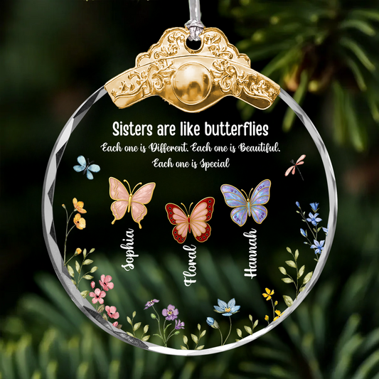 Sister Are The Gardeners of Our Souls personalized glass ornament with silver and gold cap.