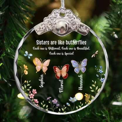 Sister Are The Gardeners of Our Souls personalized glass ornament with silver and gold cap.