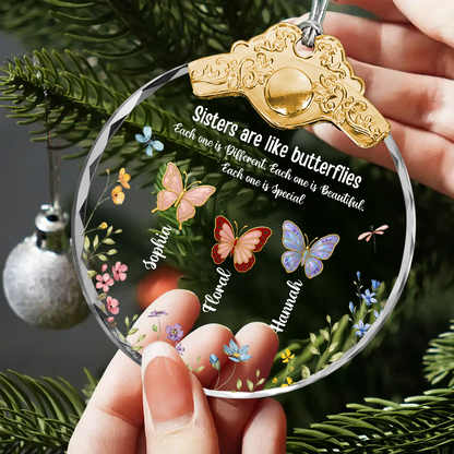 Sister Are The Gardeners of Our Souls personalized glass ornament with silver and gold cap.