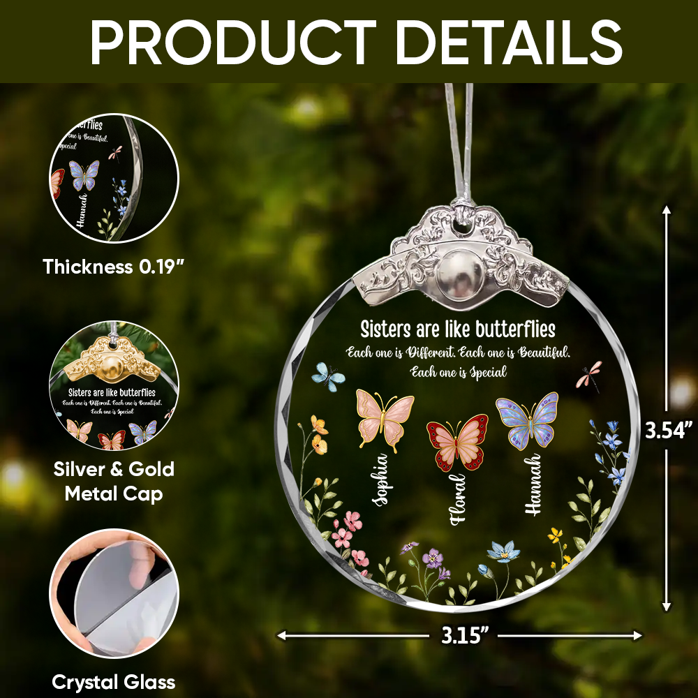 Sister Are The Gardeners of Our Souls personalized glass ornament with silver and gold cap.