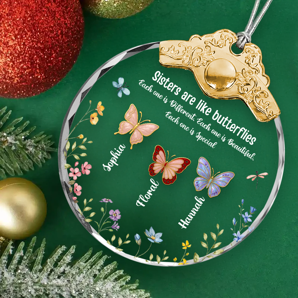 Sister Are The Gardeners of Our Souls personalized glass ornament with silver and gold cap.