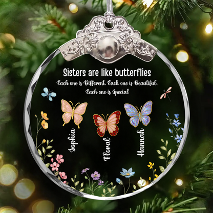 Sister Are The Gardeners of Our Souls personalized glass ornament with silver and gold cap.
