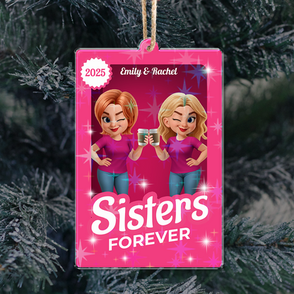 Sister Forever custom hologram ornament, personalized gift showing two sisters in a loving embrace.