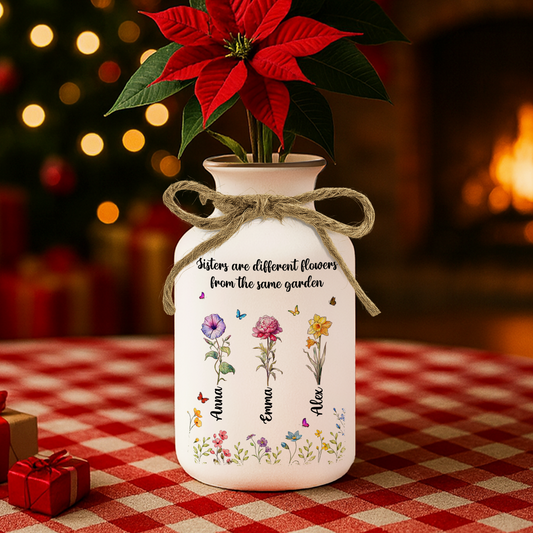 Sisters Garden personalized white ceramic flower vase. Elegant minimalist design.