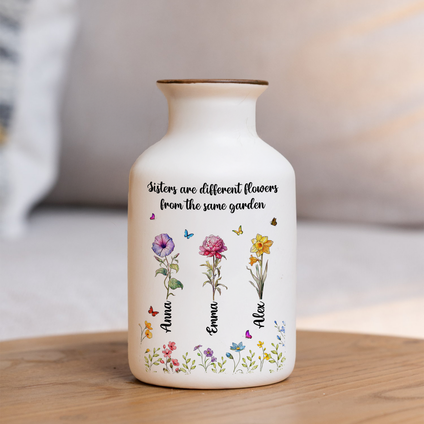 Sisters Garden personalized white ceramic flower vase. Elegant minimalist design.