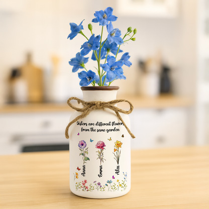 Sisters Garden personalized white ceramic flower vase. Elegant minimalist design.