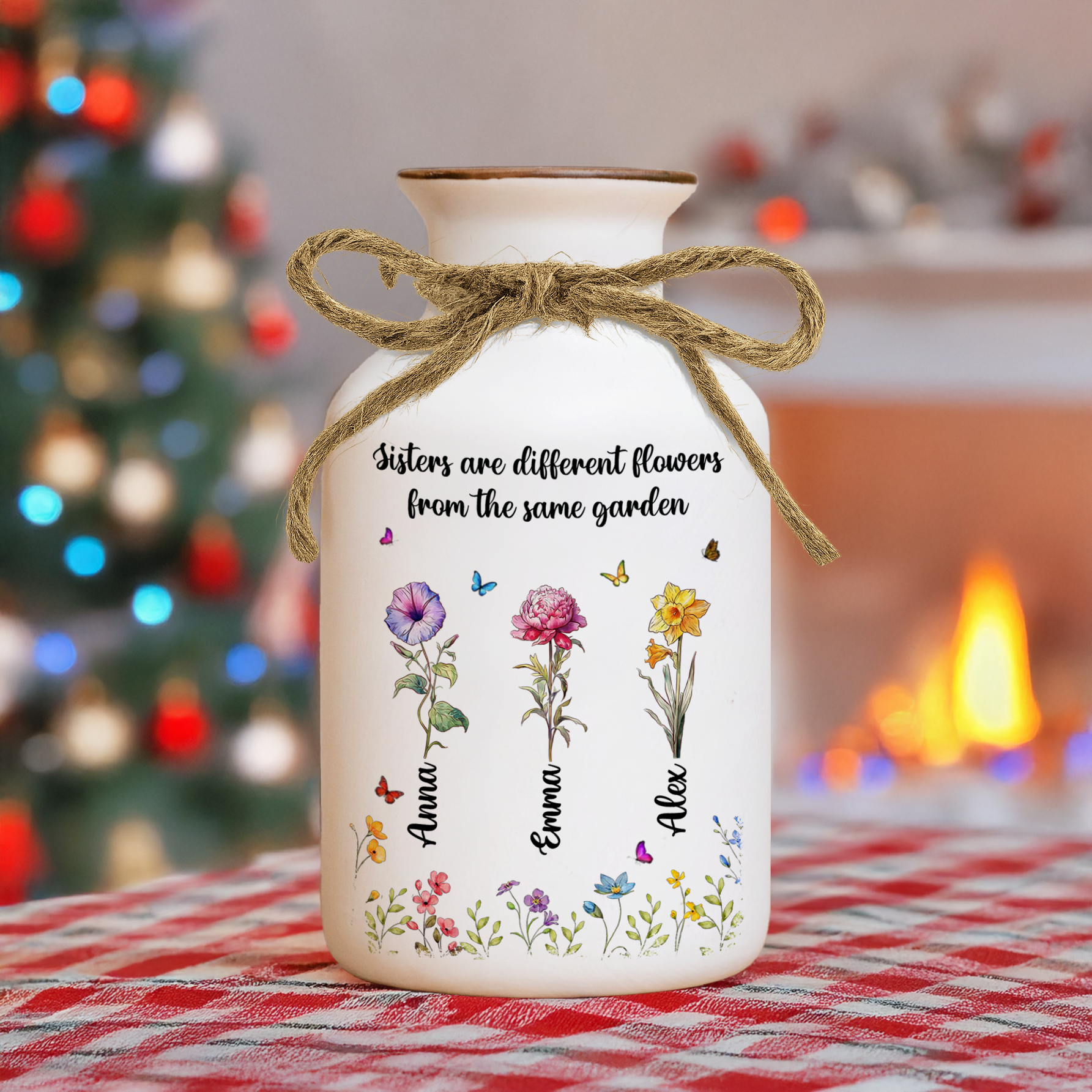 Sisters Garden personalized white ceramic flower vase. Elegant minimalist design.