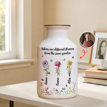 Sisters Garden personalized white ceramic flower vase. Elegant minimalist design.