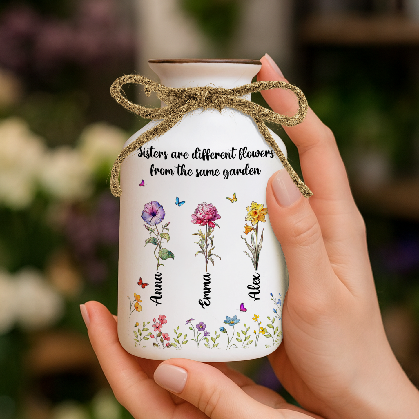 Sisters Garden personalized white ceramic flower vase. Elegant minimalist design.