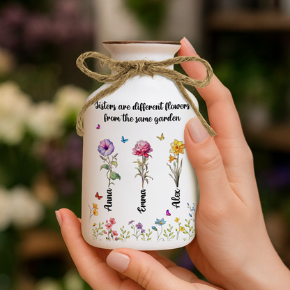 Sisters Garden personalized white ceramic flower vase. Elegant minimalist design.