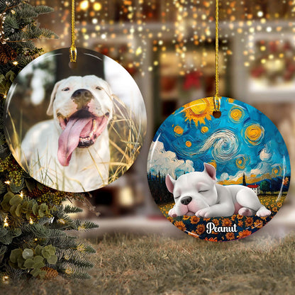 Sleeping dog custom photo lenticular ornament, personalized pet memorial gift.