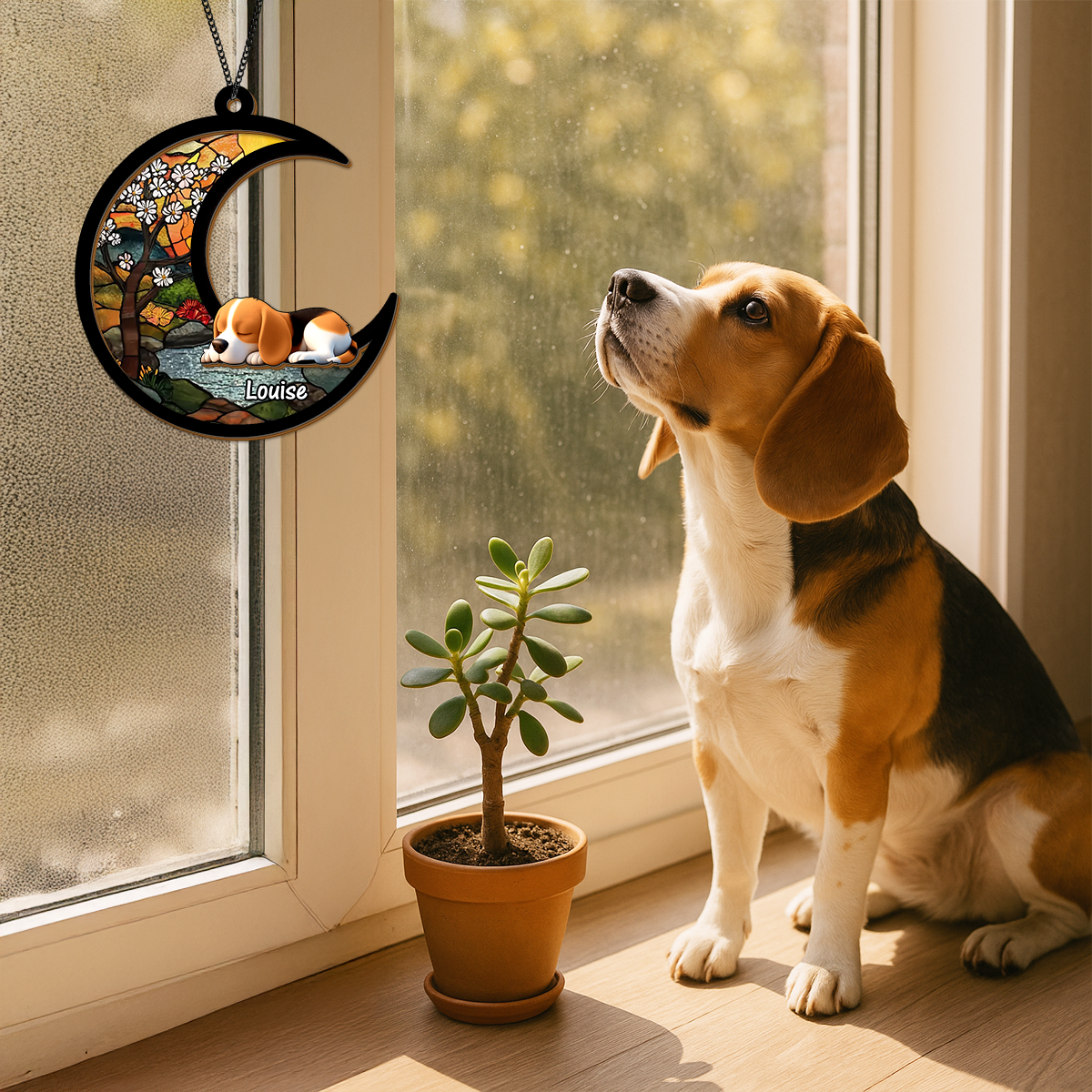 Personalized sleeping dog suncatcher ornament. Custom dog memorial gift.