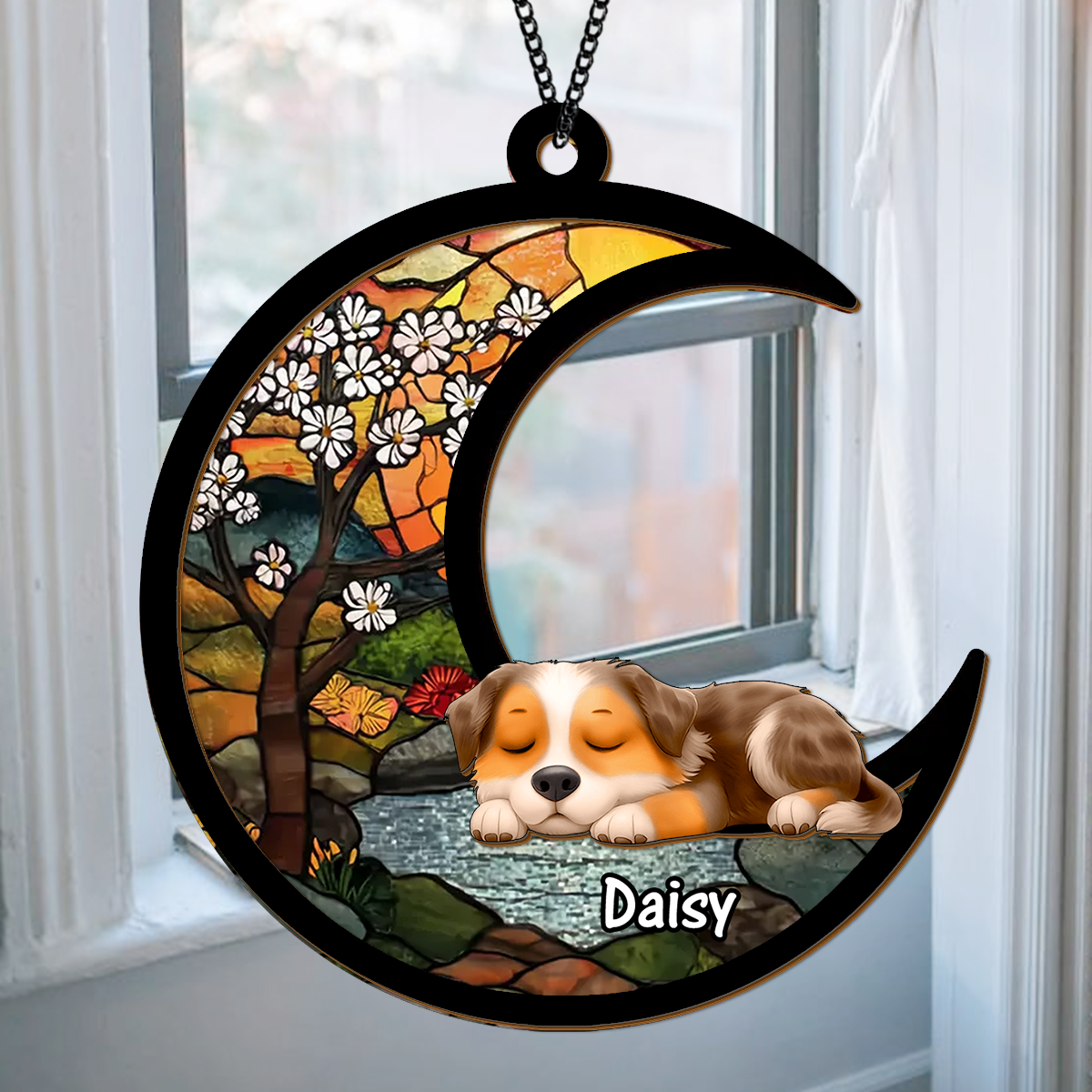 Personalized sleeping dog suncatcher ornament. Custom dog memorial gift.
