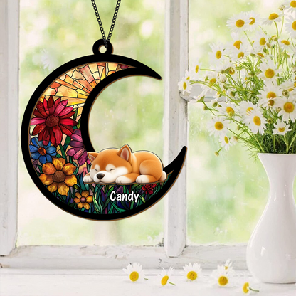 Personalized sleeping dog suncatcher ornament. Custom dog memorial gift.