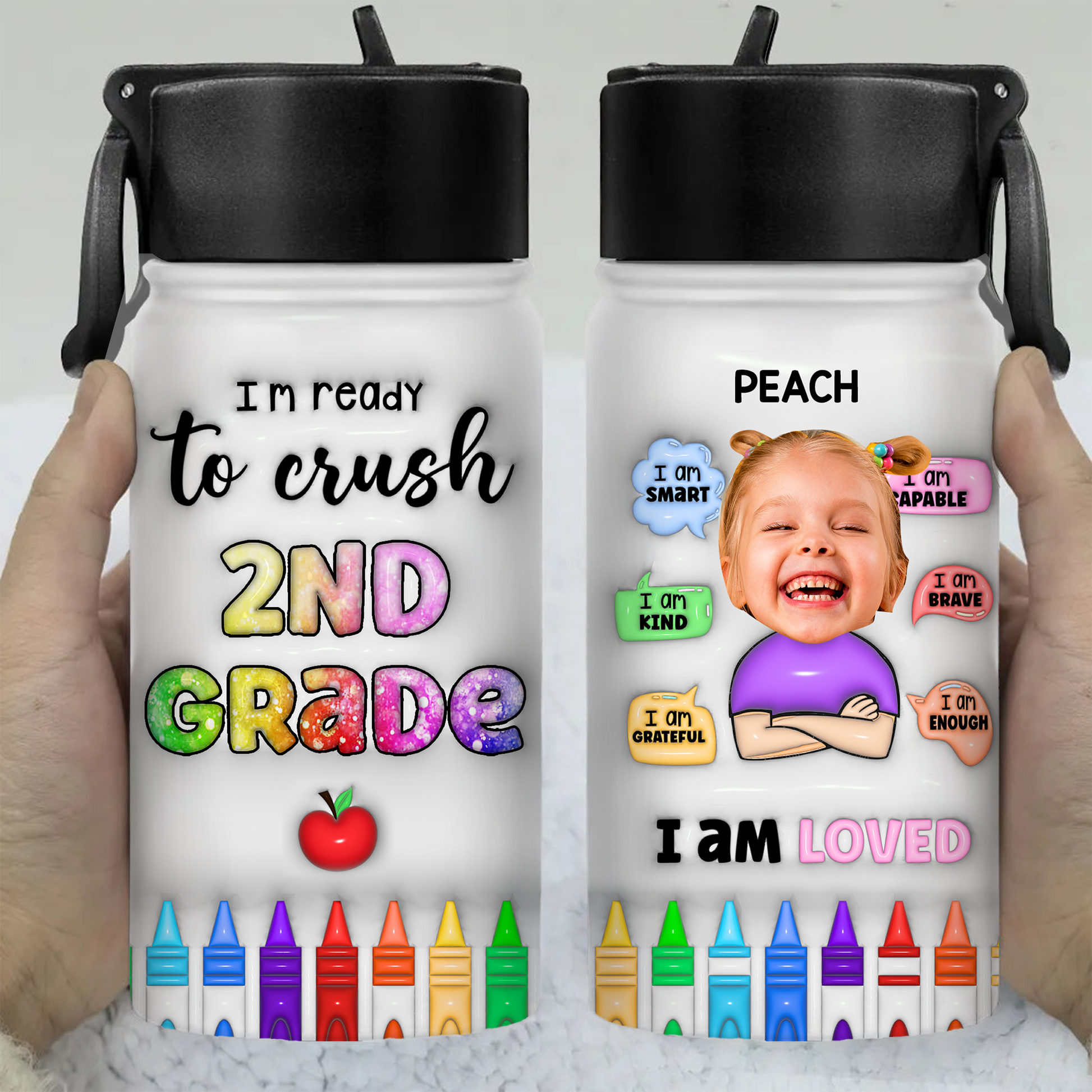 Smart Loved 3D Style Back to School Water Bottle, 12 oz Stainless Steel with Straw Lid.