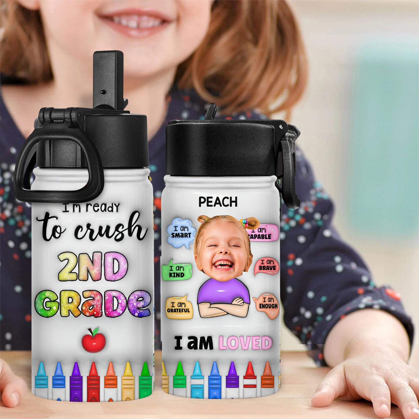 Smart Loved 3D Style Back to School Water Bottle, 12 oz Stainless Steel with Straw Lid.