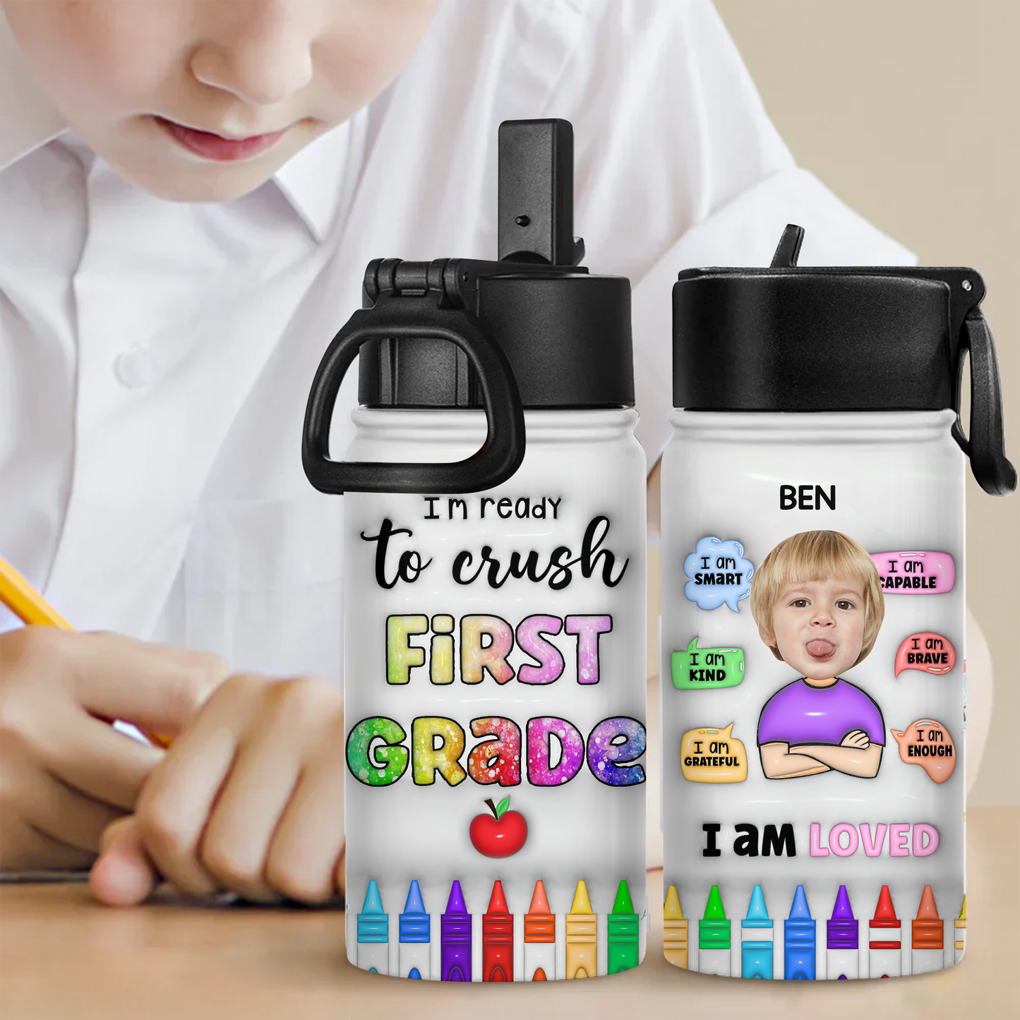 Smart Loved 3D Style Back to School Water Bottle, 12 oz Stainless Steel with Straw Lid.