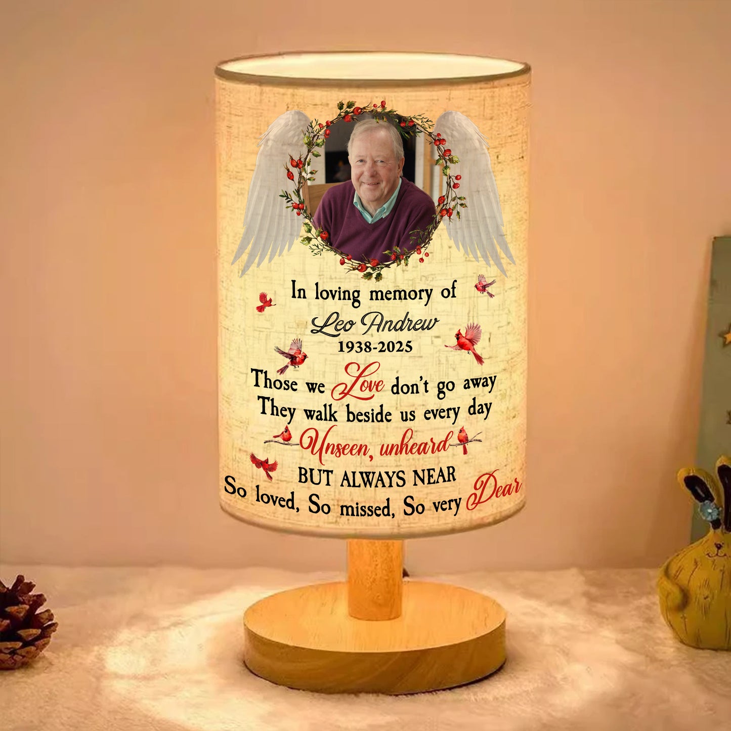 So Very Dear custom photo lamp showcasing personalized fabric with family photos.