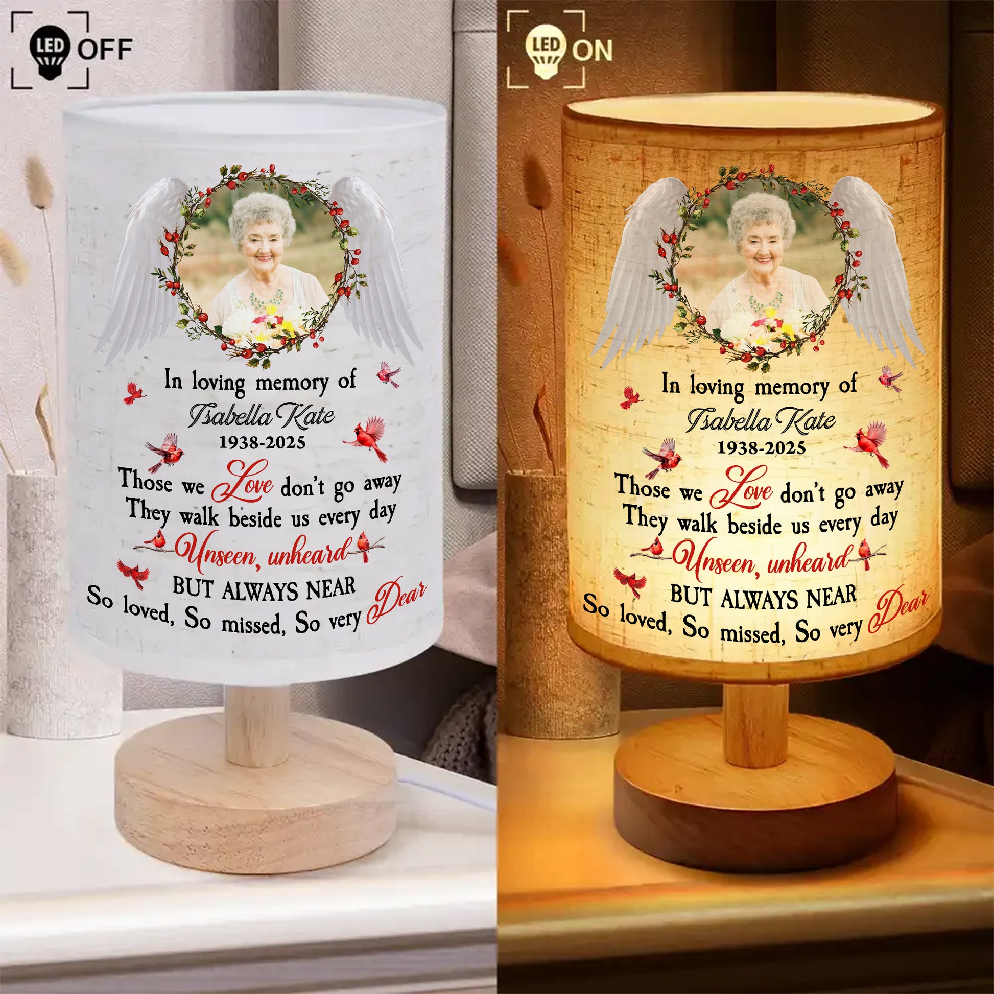 So Very Dear custom photo lamp showcasing personalized fabric with family photos.