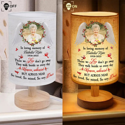 So Very Dear custom photo lamp showcasing personalized fabric with family photos.
