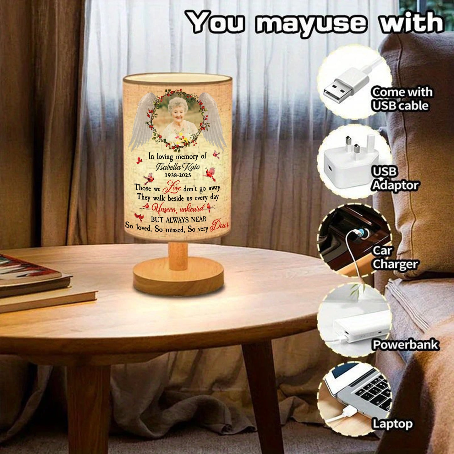 So Very Dear custom photo lamp showcasing personalized fabric with family photos.