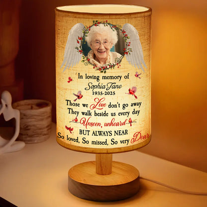 So Very Dear custom photo lamp showcasing personalized fabric with family photos.